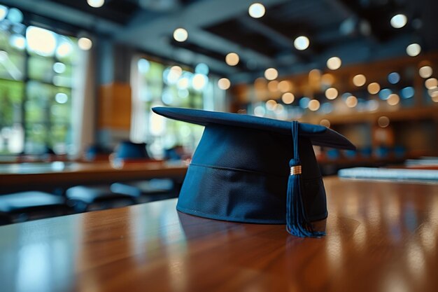 Gorra de graduación en una mesa de madera en el aula Concepto educativo