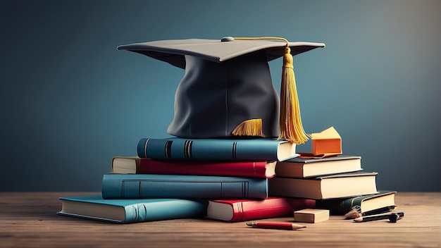 Una gorra de graduación negra descansa sobre una pila de libros azules y rojos