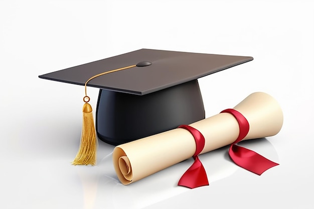 Foto la gorra de graduación y el pergamino del diploma están aislados sobre un fondo blanco