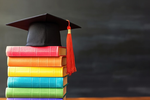 Gorra de graduación en una pila de libros de colores con espacio para copiar