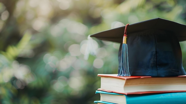 Gorra de graduación en la pila de libros en la mesa de madera sobre el fondo de la pizarra La pila de libros