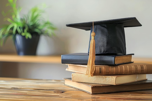 Foto gorra de graduación en la pila de libros con planta en el fondo de enfoque suave