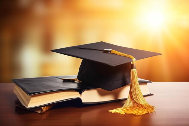 una gorra de graduación se sienta en un libro con una pizarra en la parte superior