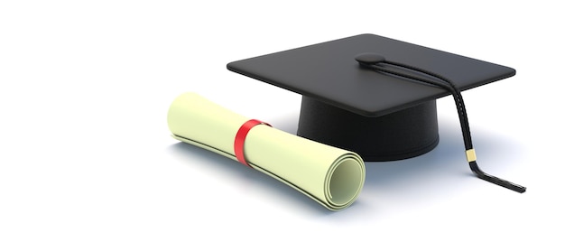 Gorra de graduación Sombrero de graduado universitario con borla y diploma aislado en blanco ilustración 3d