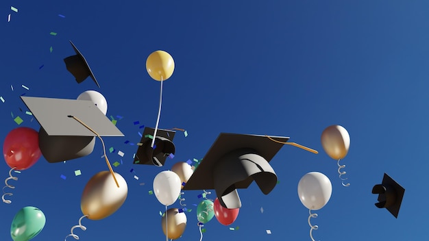 Gorra graduada en cielo azul con renderizado 3d de globos