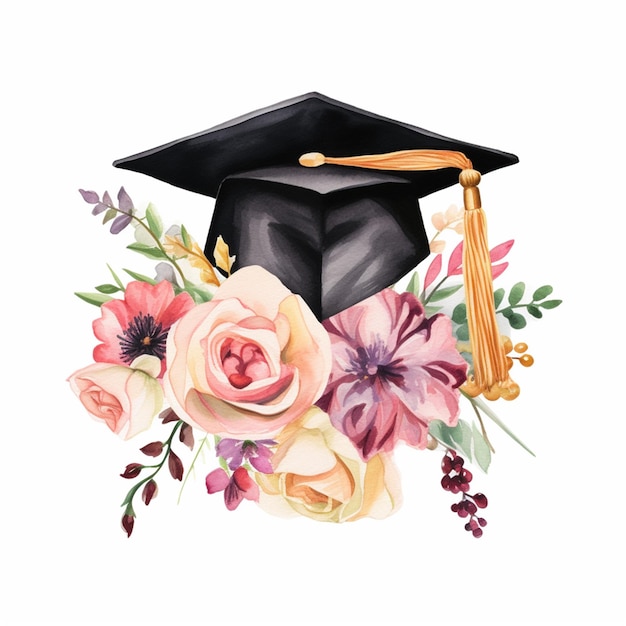 Foto una gorra negra de graduación con flores y un diploma.