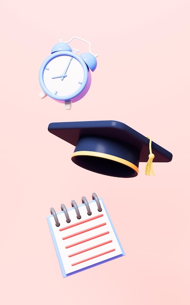 Gorra de posgrado y calendario de reloj en la representación 3d de fondo rosa