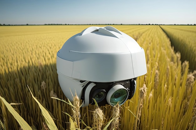 Gorra redonda con gafas plantadas en el campo por un dron agrónomo