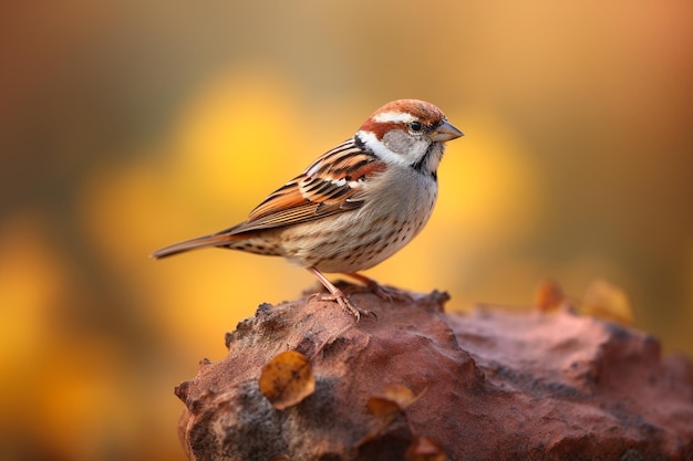 Gorrión Passer domesticus sobre una roca al atardecer