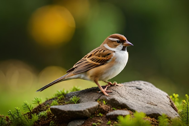 Un gorrión se sienta en una roca en el bosque.