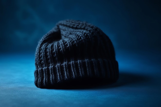 Un gorro azul está sobre un fondo azul con la palabra invierno.