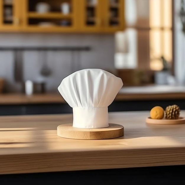 Gorro de cocinero blanco en la mesa de la cocina y espacio para copiar su decoración Fotografía publicitaria