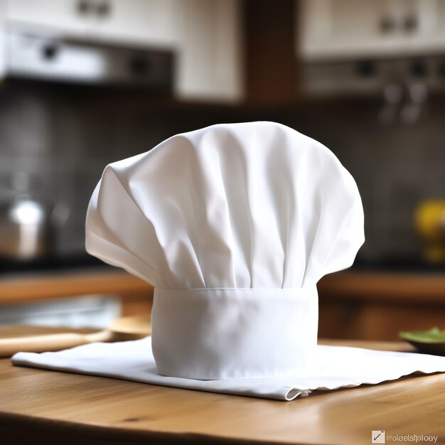 Foto gorro de cocinero blanco en la mesa de la cocina y espacio para copiar su decoración fotografía publicitaria