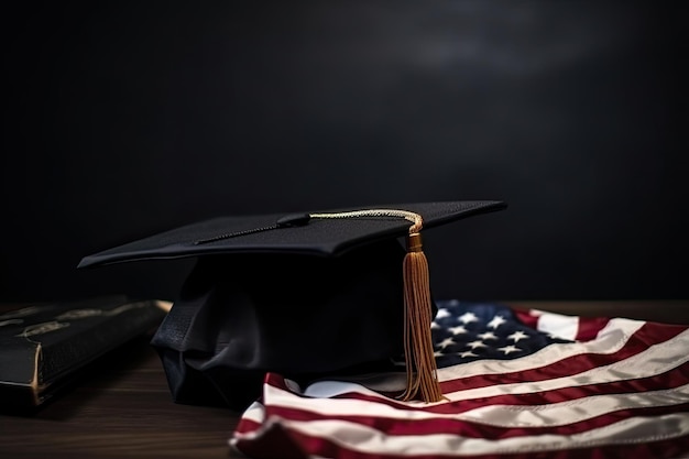 Un gorro de graduación en la bandera estadounidense