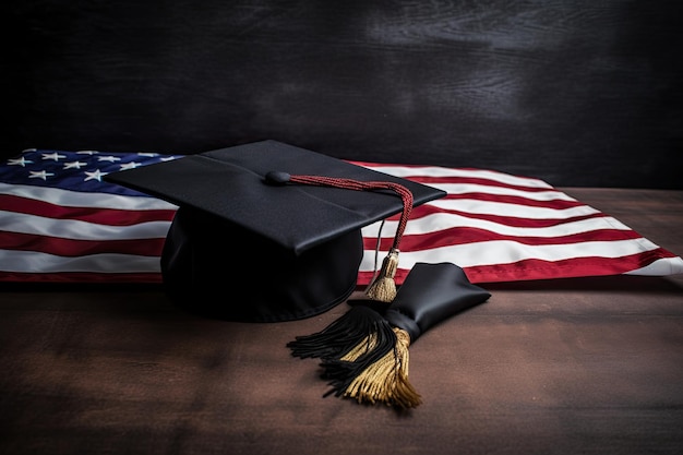 Un gorro de graduación en la bandera estadounidense