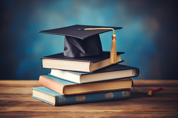 El gorro de graduación descansando en libros que simbolizan la educación y la IA de regreso a la escuela