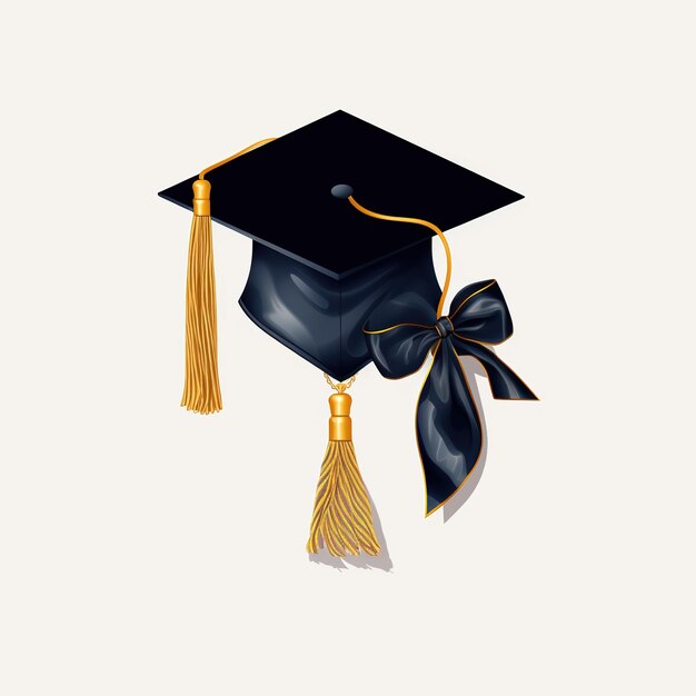 Foto gorro de graduación de estudiante con borla dorada y cinta sobre fondo blanco.