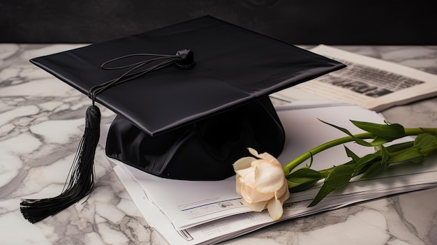 Un gorro de graduación y flores sobre la mesa.