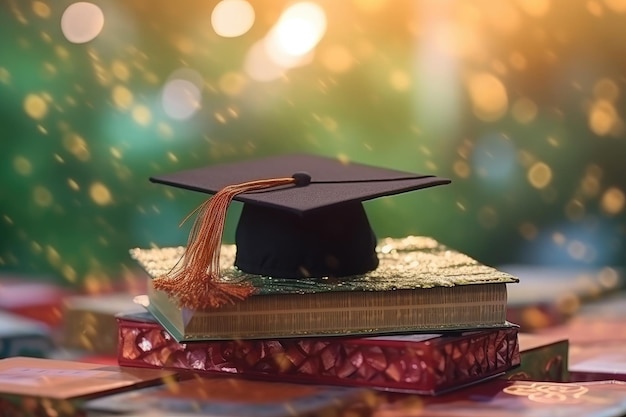 Gorro de graduación en los libros sobre graduarse en el verde IA generativa