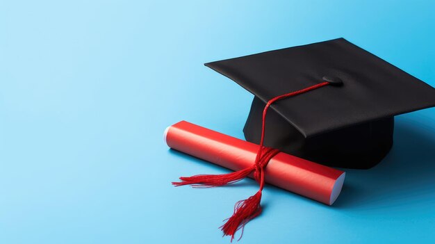 Un gorro de graduación y un pergamino rojo sobre un fondo azul.