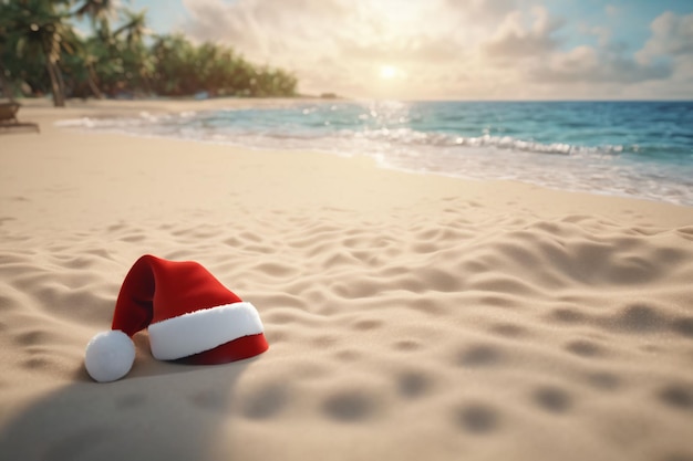 Gorro navideño en la playa con un cielo azul y el mar de fondo fondo de pantalla navideño