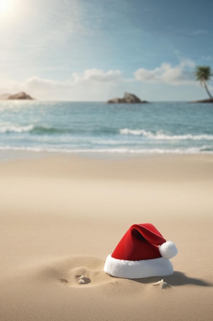 Gorro navideño en la playa con un cielo azul y el mar de fondo fondo de pantalla navideño