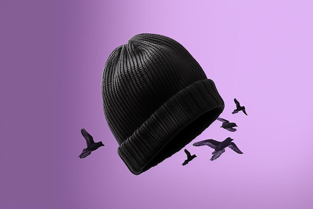 Un gorro negro con pájaros volando en el cielo.