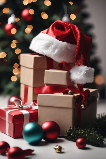 Gorro de Papá Noel encima de una caja de regalo de Navidad papel pintado navideño