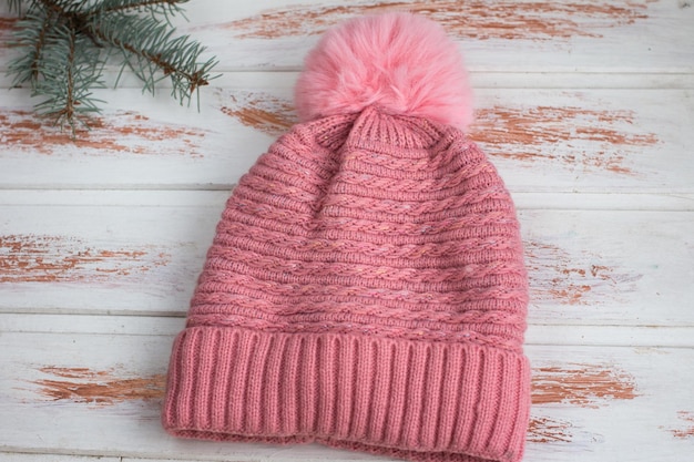 Gorro de punto cálido de invierno para mujer con pompón Rama de abeto verde