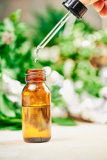 Gota de aceite de cáñamo CBD que dosifica una planta de cáñamo biológica y ecológica aceite de cbd farmacéutico a base de hierbas de un frasco