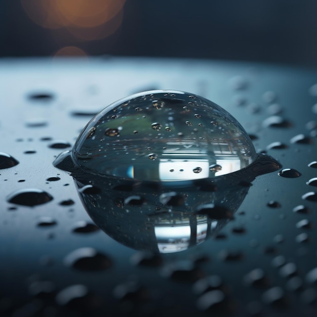 Una gota de agua se asienta sobre una superficie negra con gotas de agua sobre ella.