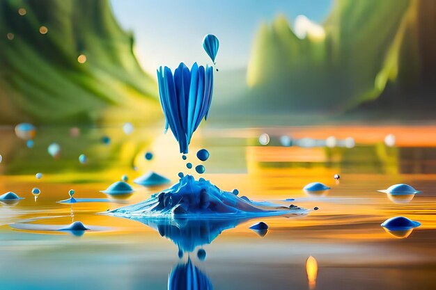 una gota de agua azul refleja los colores del agua.