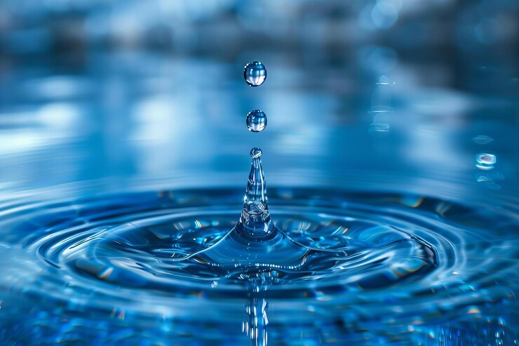 Foto una gota de agua azul tiene gotas de agua en ella