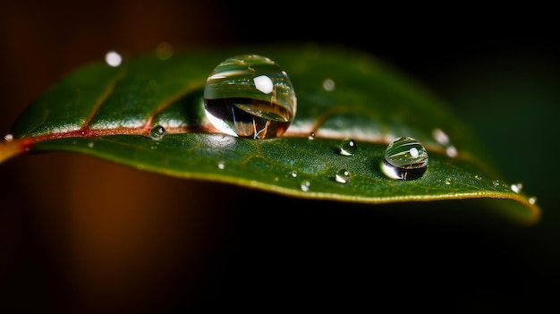 Una gota de agua balanceándose en el borde de una hoja generada por IA