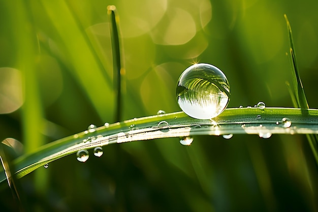 Gota de agua brilla sobre una brizna de hierba en belleza