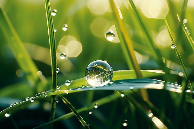 Gota de agua brilla sobre una brizna de hierba en belleza