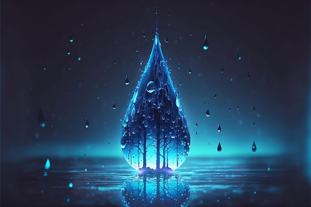 la gota de agua brillante azul sobre fondo azul oscuro