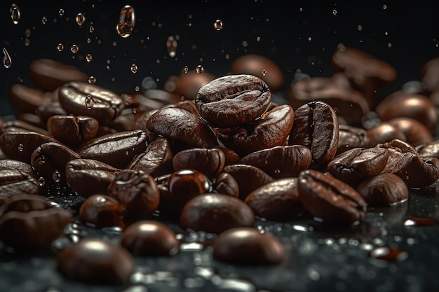 Una gota de agua cae sobre un grano de café.