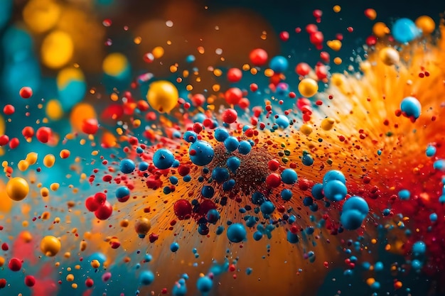una gota de agua de colores está rodeada de burbujas de colores.