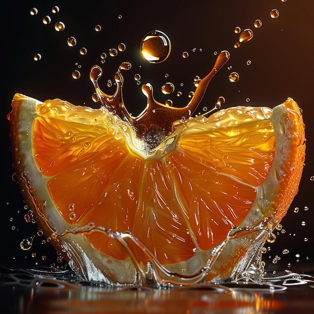 Una gota de agua está cayendo en una gota de jugo de naranja.