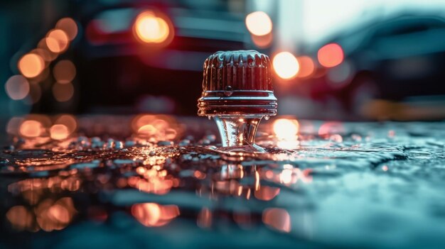 Una gota de agua está sobre una superficie mojada frente a un automóvil.