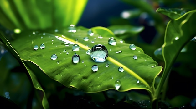 La gota de agua en la hoja verde después de la lluvia Cerca el fondo de la naturaleza