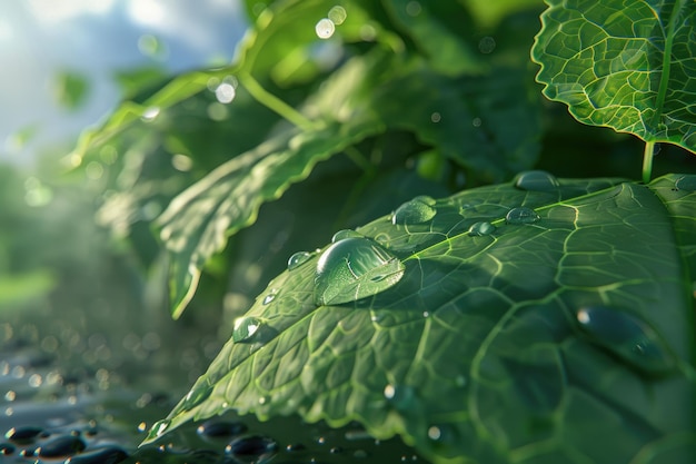 La gota de agua de la hoja verde en el fondo de verano