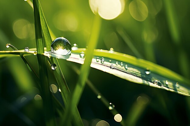 Gota de agua iluminada por el sol brilla sobre una brizna de hierba