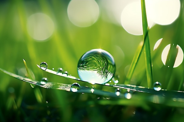 Gota de agua iluminada por el sol brilla sobre una brizna de hierba