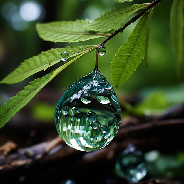 una gota de agua que está en una rama