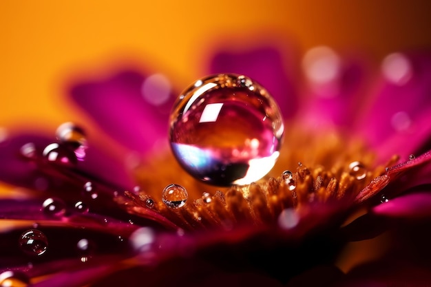 Una gota de agua sobre una flor con un fondo rojo.