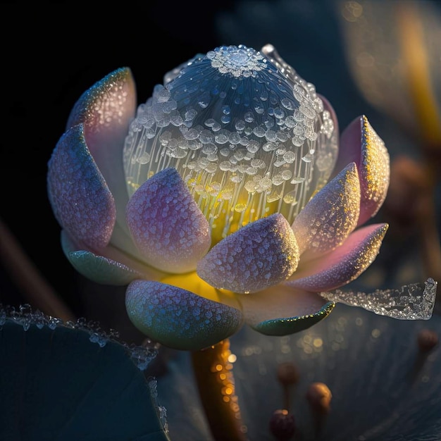Una gota de agua sobre una flor de loto está cubierta de rocío.