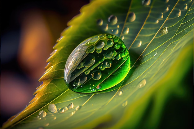 Una gota de agua sobre una hoja con las hojas del mismo color.