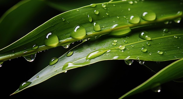 Gota de agua sobre la naturaleza de la hoja de bambú y la imagen del agua.